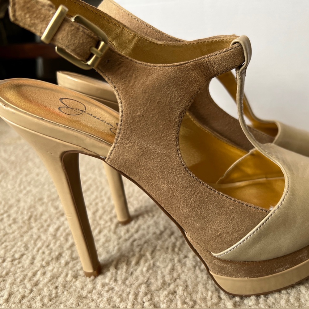 Jessica Simpson Elso Dusty Taupe Leather Peeptoe Platform Sandal Heels Size 8